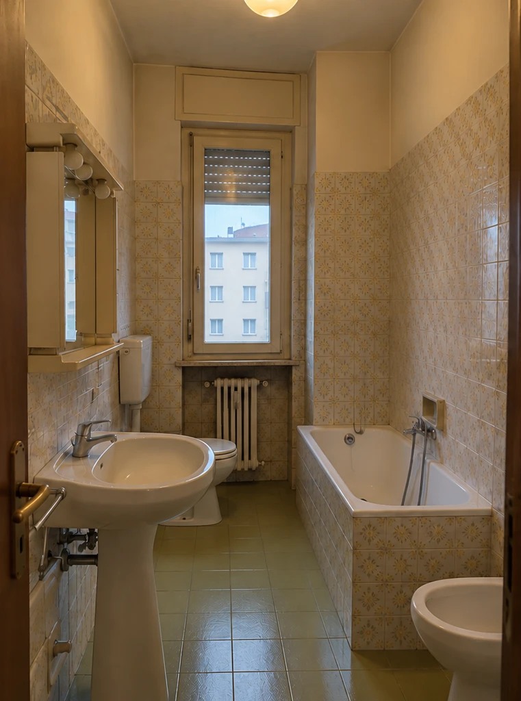 Bagno prima della ristrutturazione: vasca, sanitari a terra e piastrelle decorate