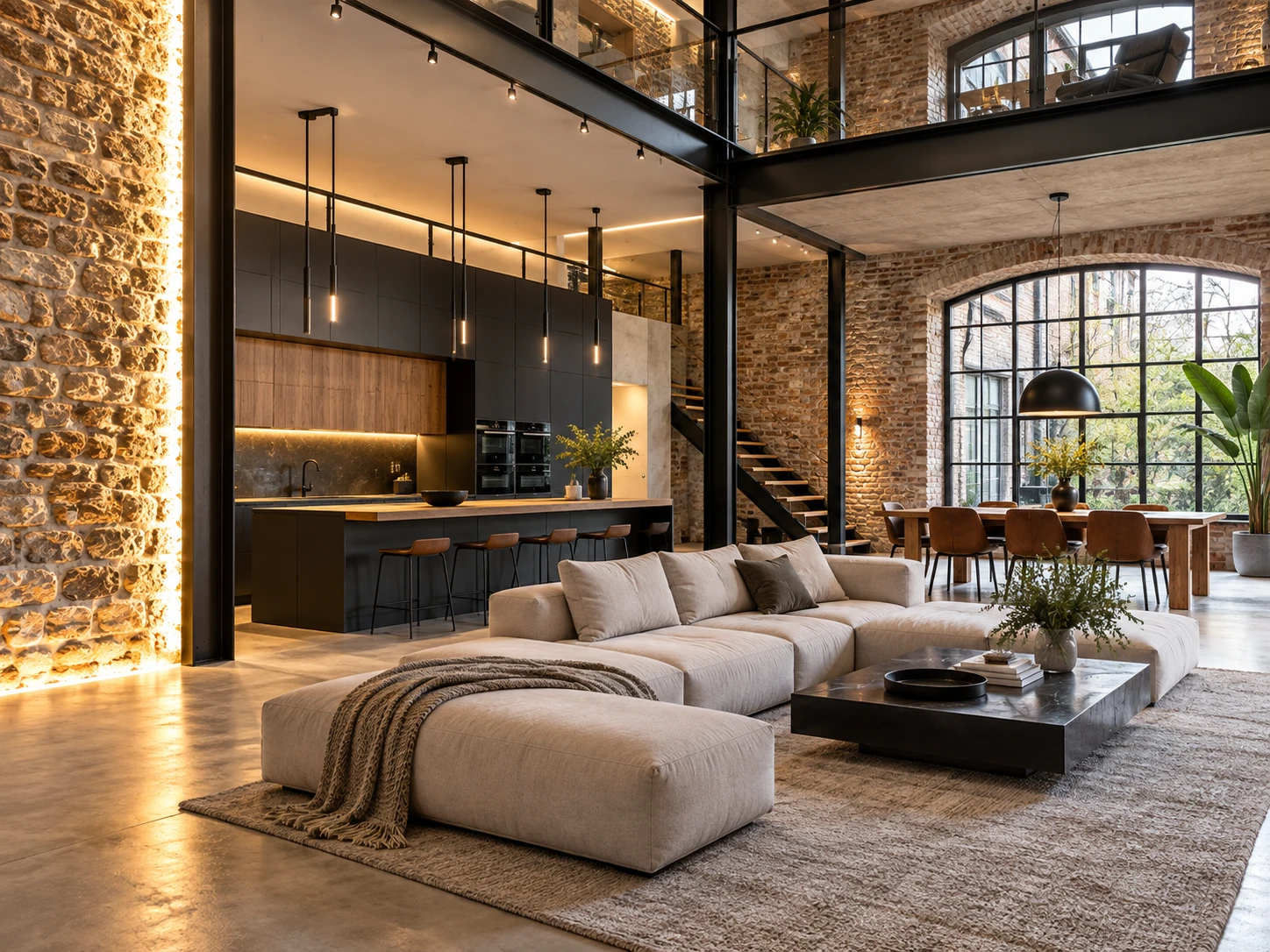 Loft industriale con parete in pietra